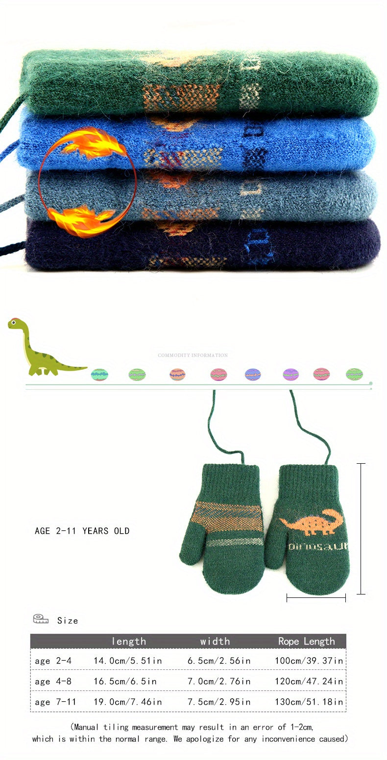Moufles brodées à motif dinosaure reliées par un cordon en maille pour enfant