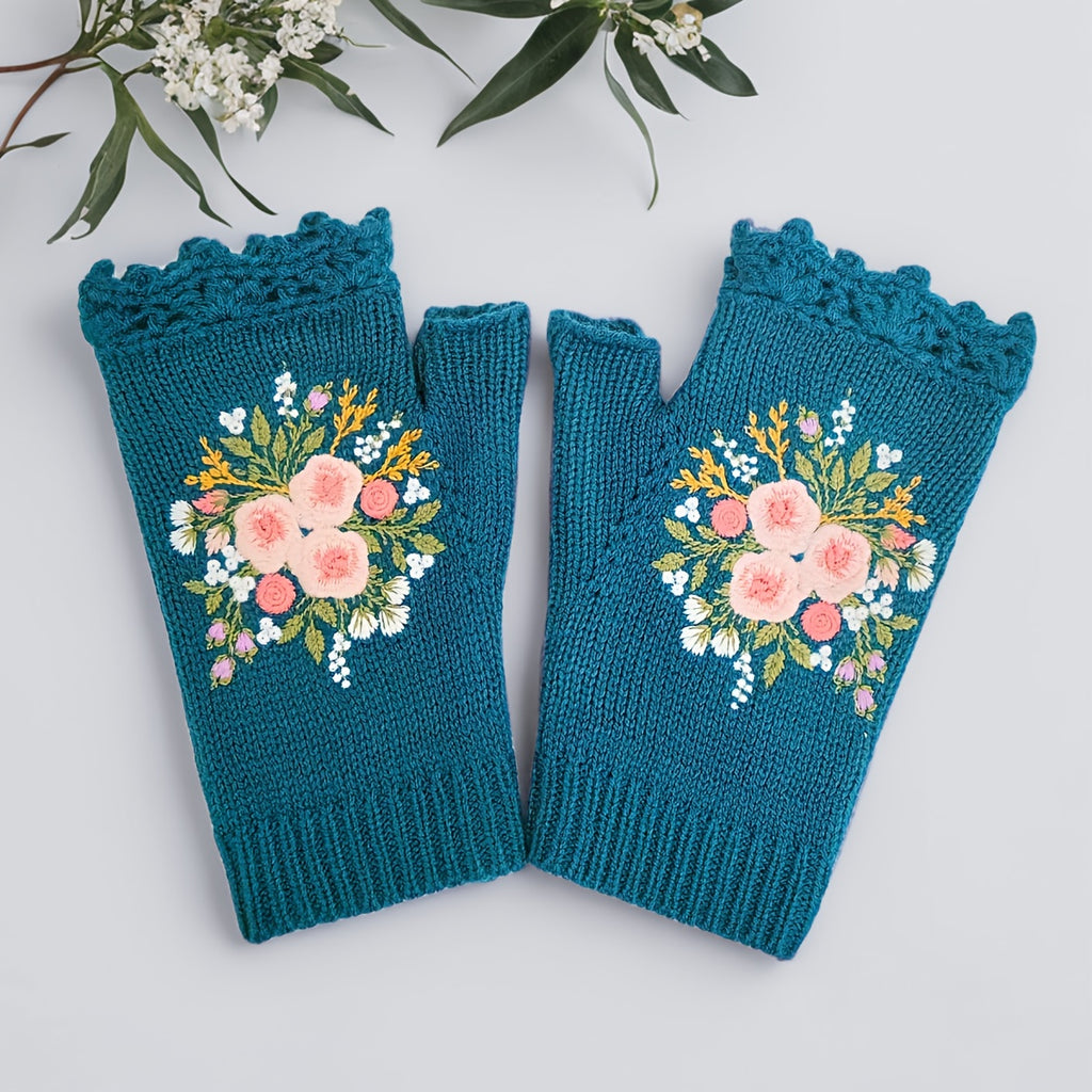 Gants sans doigts en maille, 3 coloris, brodé