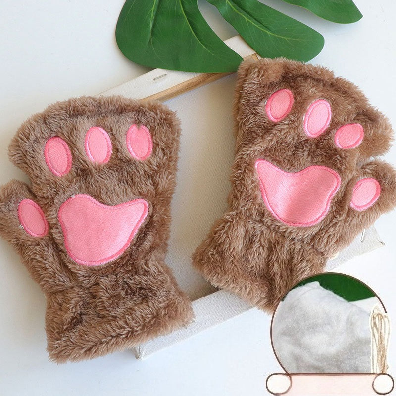 Gants-moufles à rabat à motif chat en peluche pattes de chat