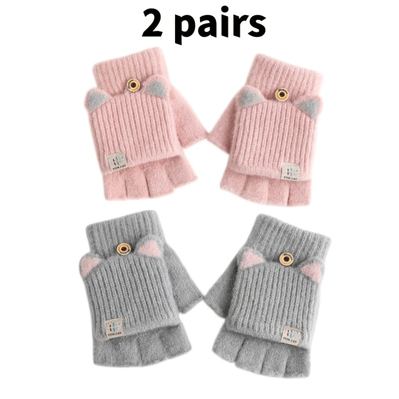 Rose + Gris - Ensemble de Gants à Oreilles de Chat à Rabat