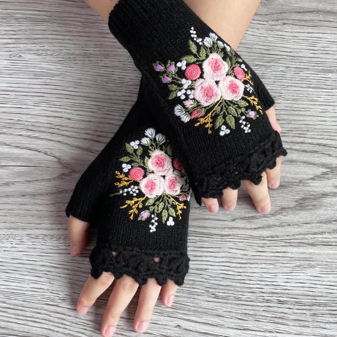 Gants sans doigts en maille, 3 coloris, brodé