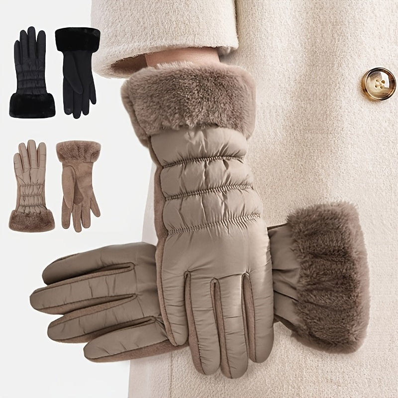Gants tactiles épais à revers de fourrure à surpiqûres en suédine