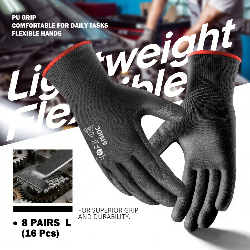Gants de travail antidérapants fins — lot de 8 paires, noir