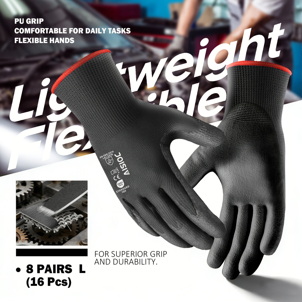 Gants de travail antidérapants fins — lot de 8 paires, noir