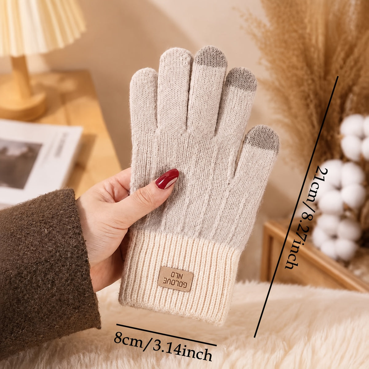 Gants tactiles bicolores à motif fleuri à étiquette cousue en maille