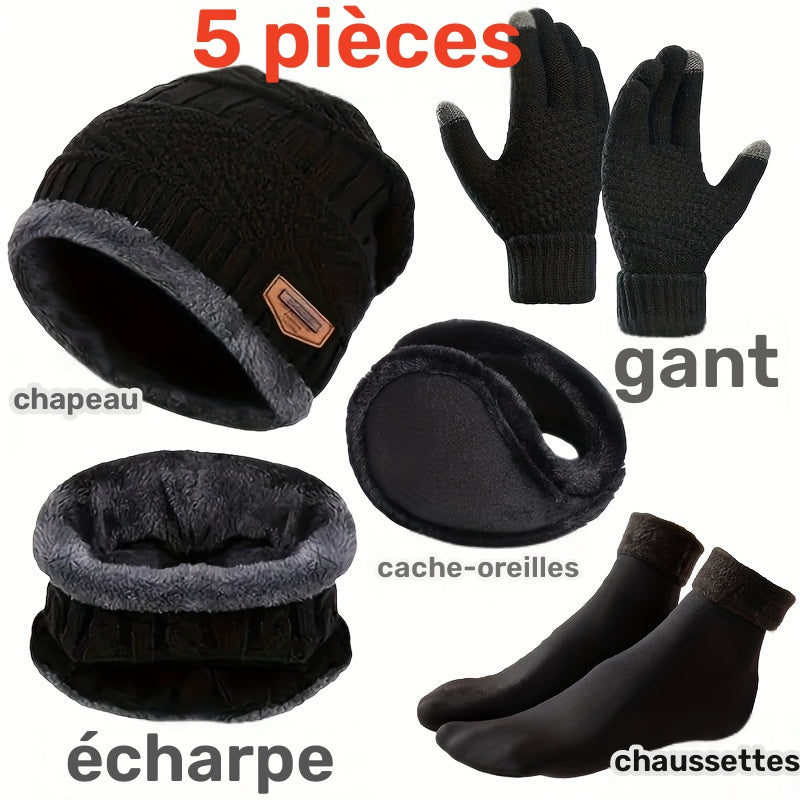 Ensemble 5 pièces — bonnet, tour de cou, gants, chaussettes et cache-oreilles