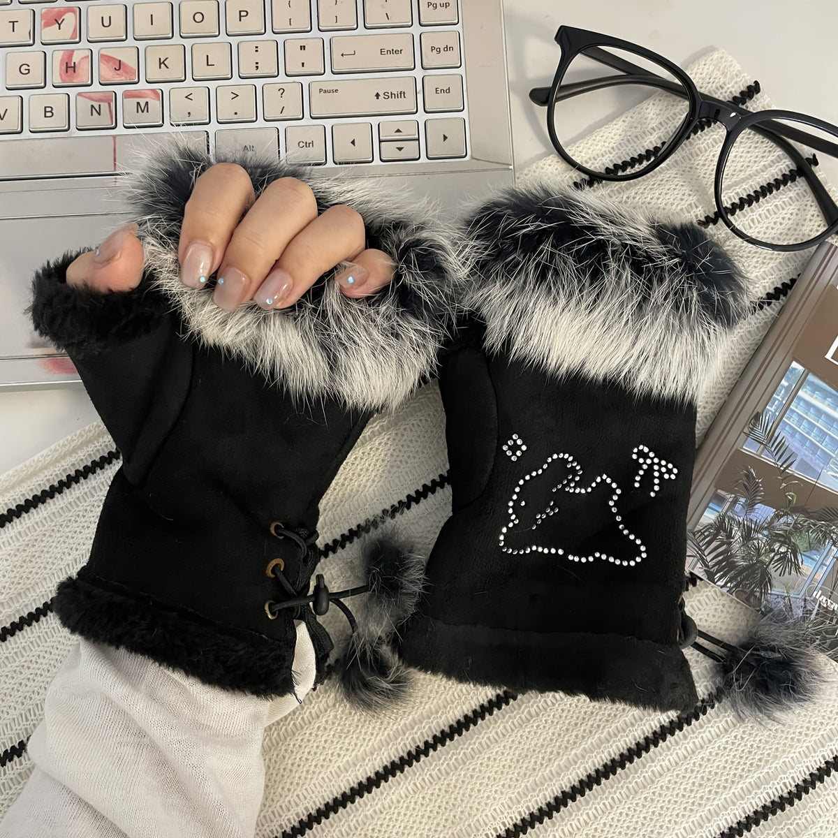 Gants sans doigts en maille, 2 coloris, blanc et noir