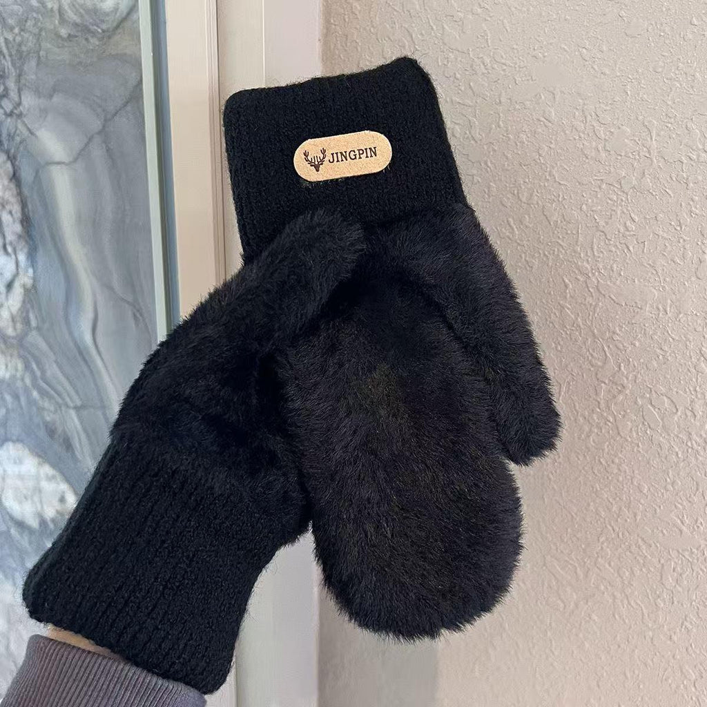 Moufles à étiquette cousue en peluche, étiqueté kaki