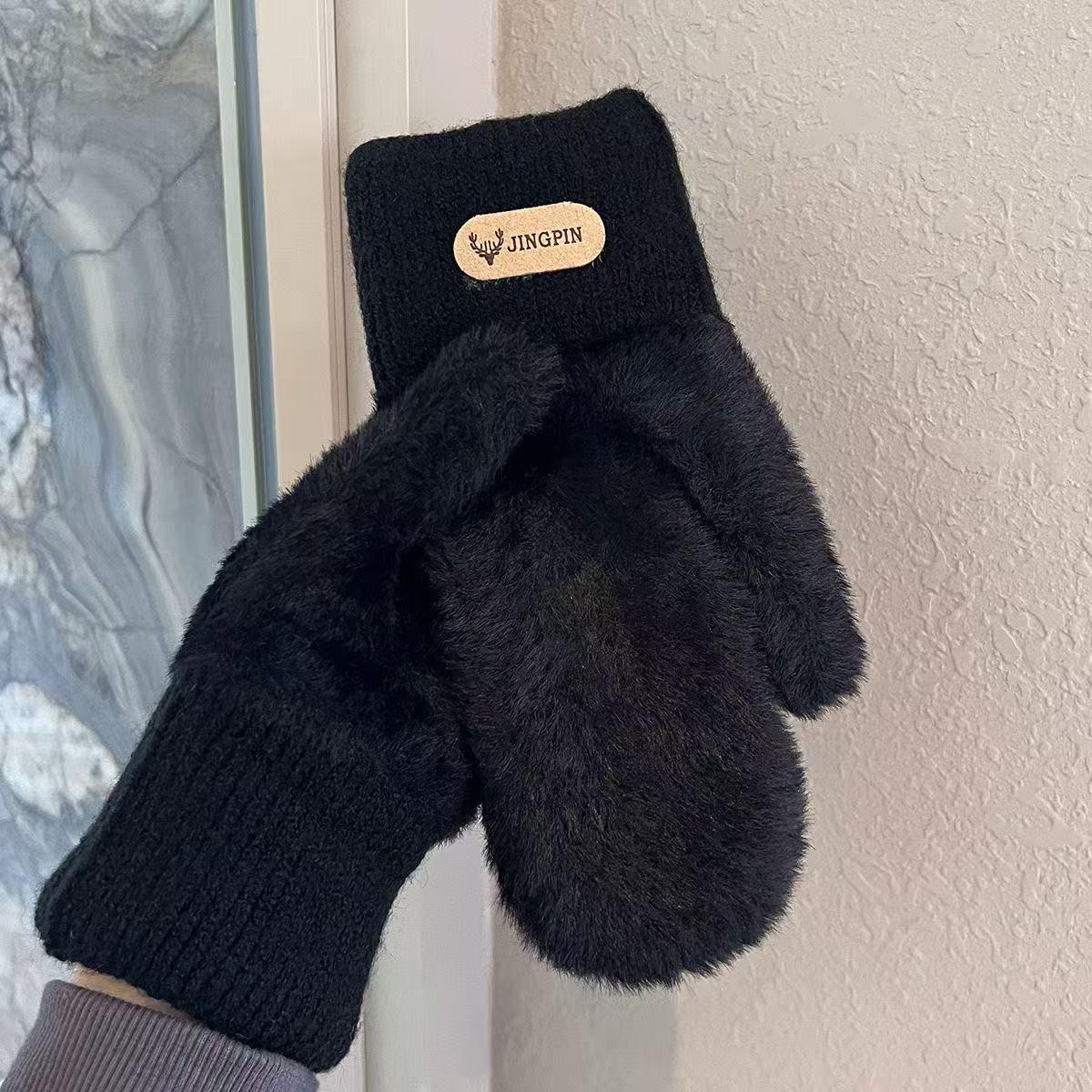 Moufles à étiquette cousue en peluche, étiqueté kaki