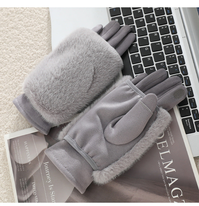 Gants-moufles à rabat coupe-vent en peluche, kaki