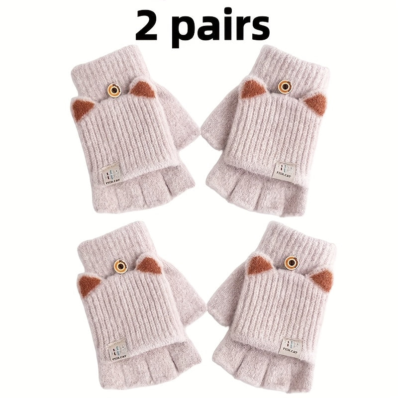 Beige - Ensemble de Gants à Oreilles de Chat Rabattables