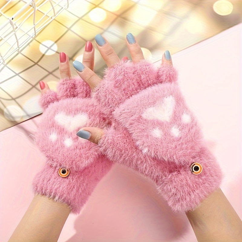Gants-moufles à rabat tactiles à motif fleuri en peluche