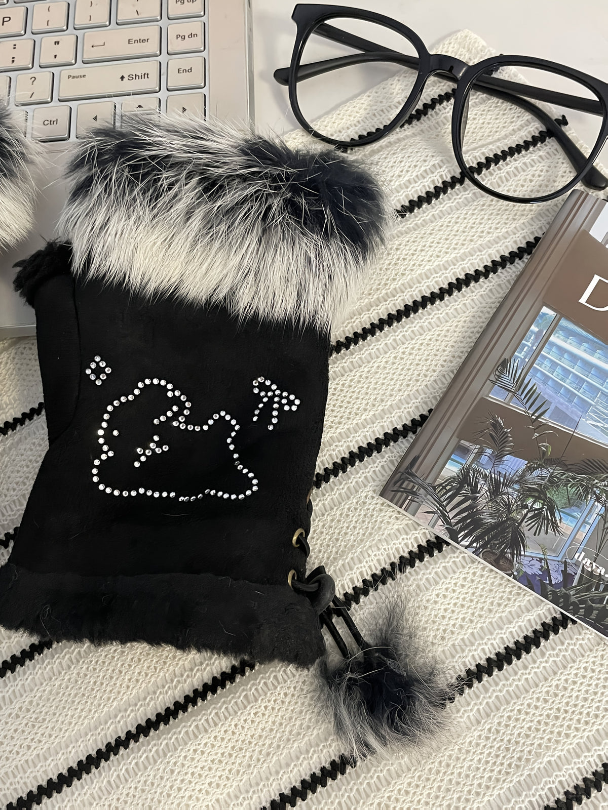 Gants sans doigts en maille, 2 coloris, blanc et noir