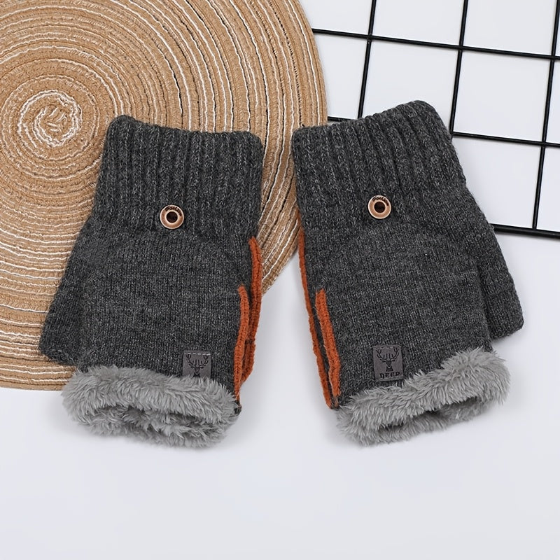 Gants-moufles à rabat de ski doublés peluche à étiquette cousue en maille