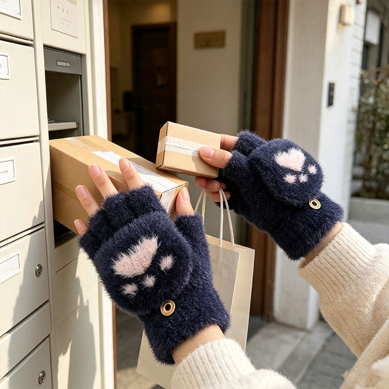 Gants-moufles à rabat tactiles à motif fleuri en peluche