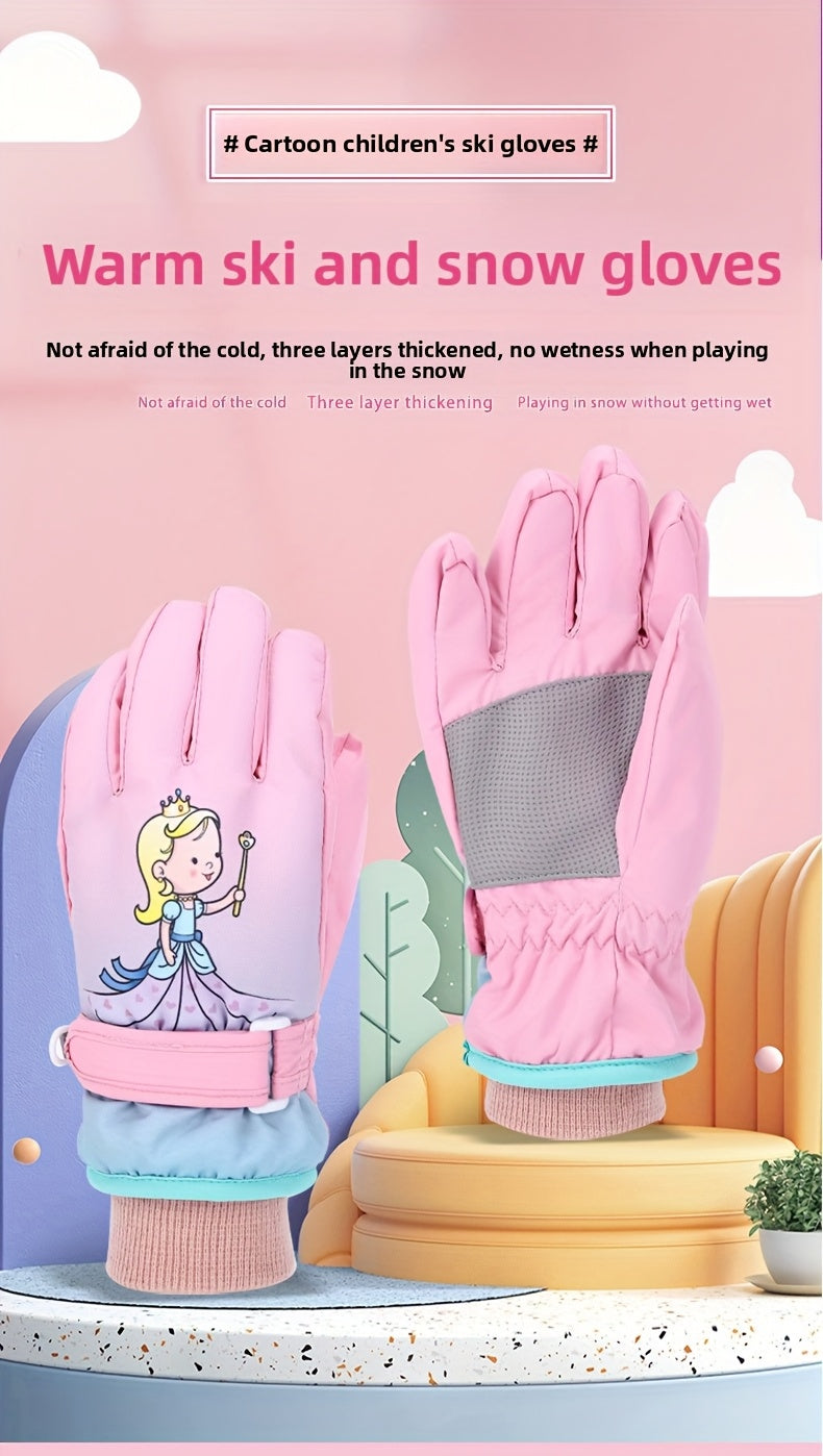 Gants de ski imperméables à sangle de poignet pour enfant às oursons