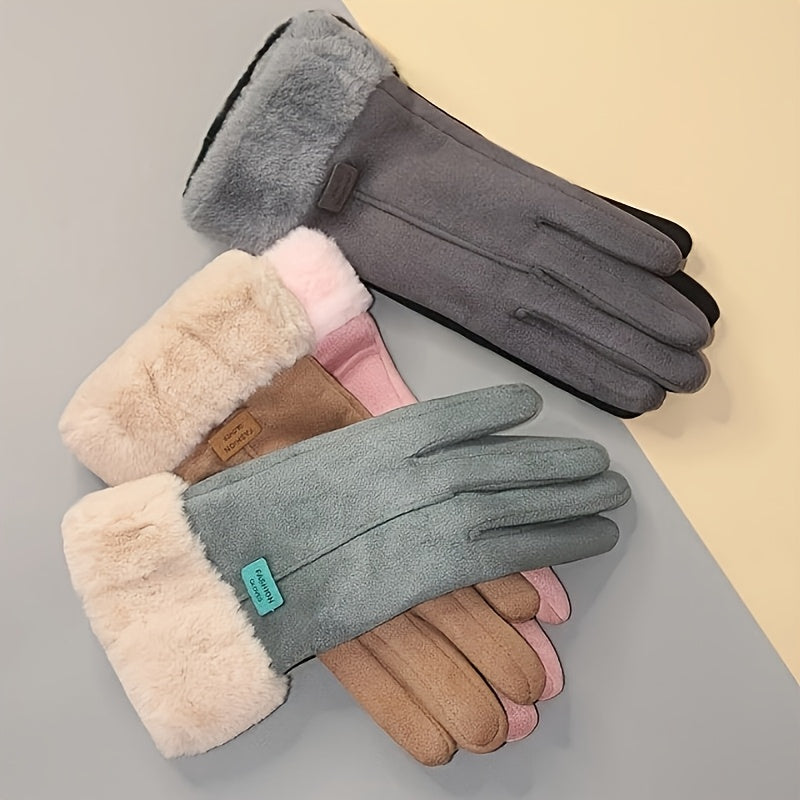 Gants tactiles à revers de fourrure à perles en suédine