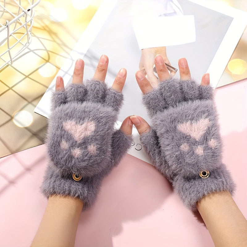Gants-moufles à rabat tactiles à motif fleuri en peluche