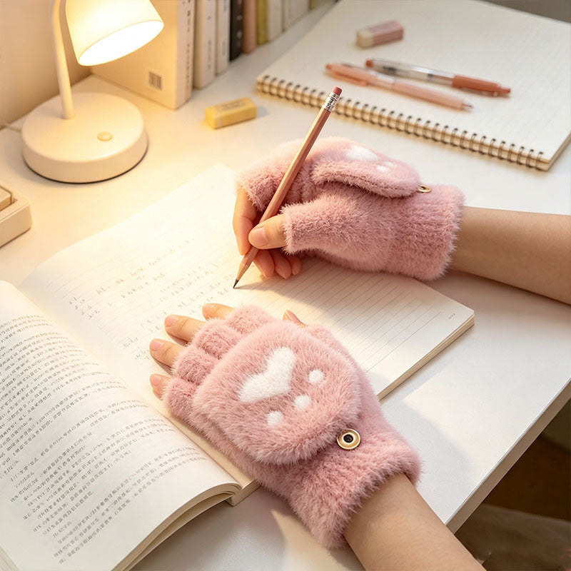 Gants-moufles à rabat tactiles à motif fleuri en peluche