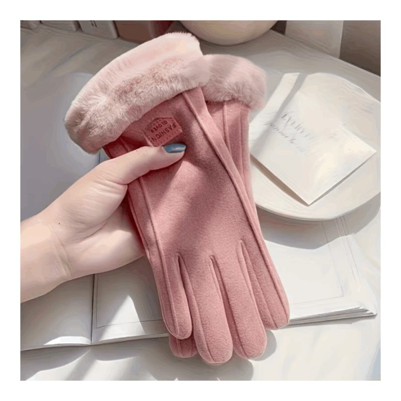 Gants tactiles à revers de fourrure en suédine à boucle