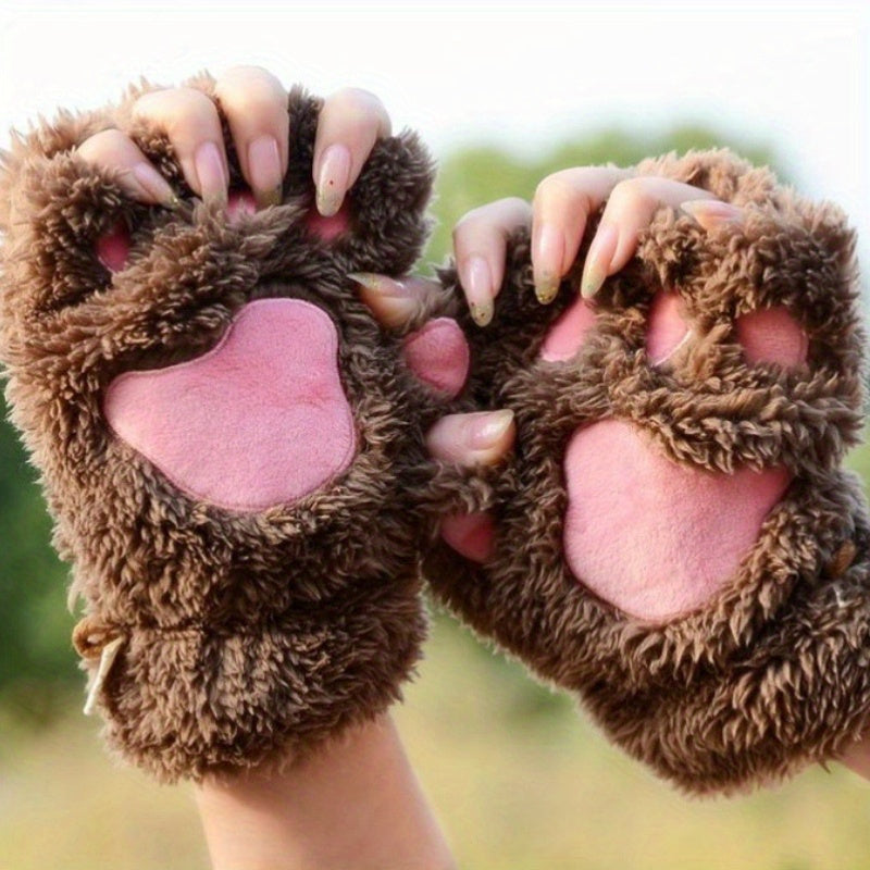 Gants-moufles à rabat à motif chat en peluche pattes de chat