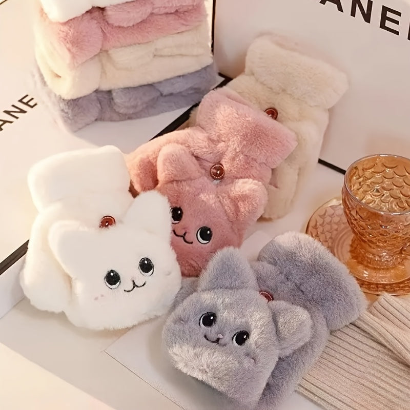Gants-moufles tactiles à rabat en peluche brodés