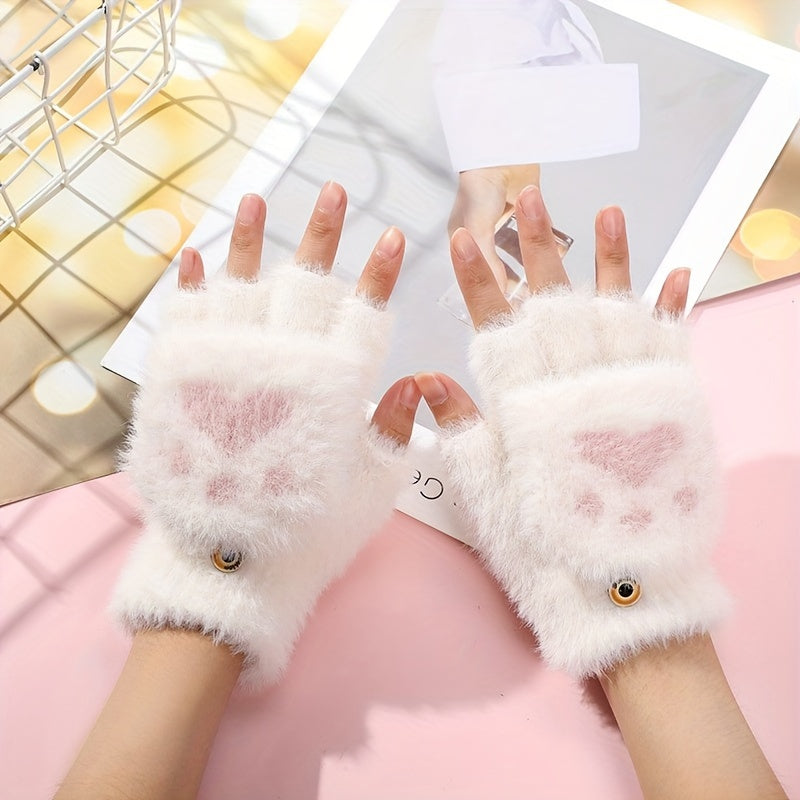 Gants-moufles à rabat tactiles à motif fleuri en peluche