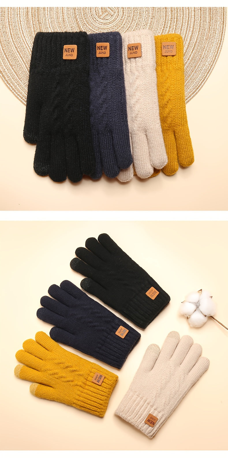 Gants tactiles doublés thermiques en maille, 4 coloris, jaune, beige, couleur marine et noir