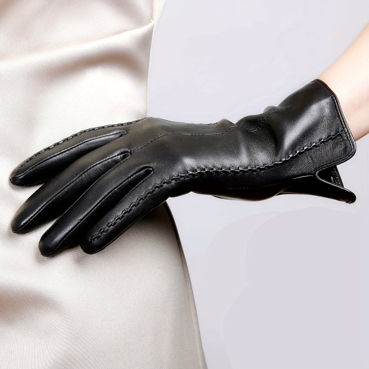 Gants tactiles à surpiqûres en cuir de mouton, du S au L, noir