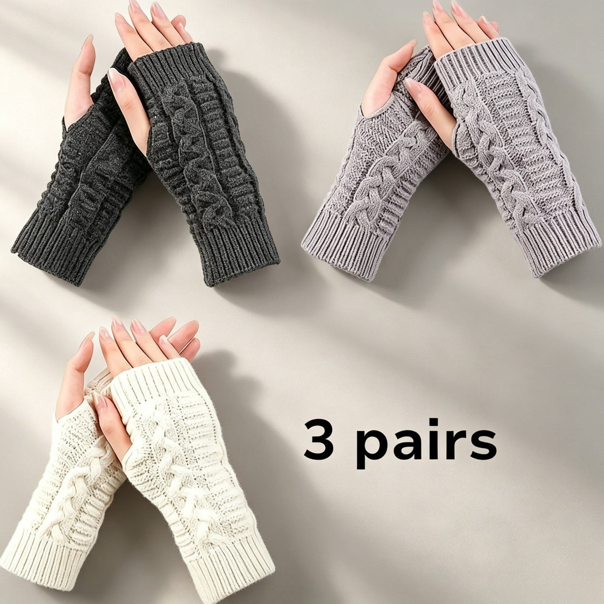 Gants mitaines thermiques en maille, noir, blanc et gris