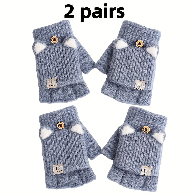Bleu - Ensemble de Gants à Oreilles de Chat avec Couverture Rabattable