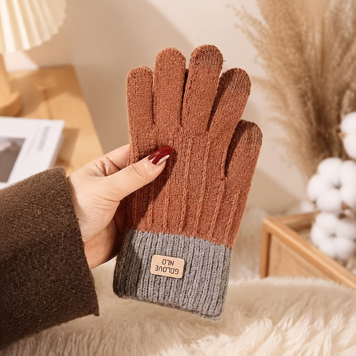 Gants tactiles bicolores à motif fleuri à étiquette cousue en maille
