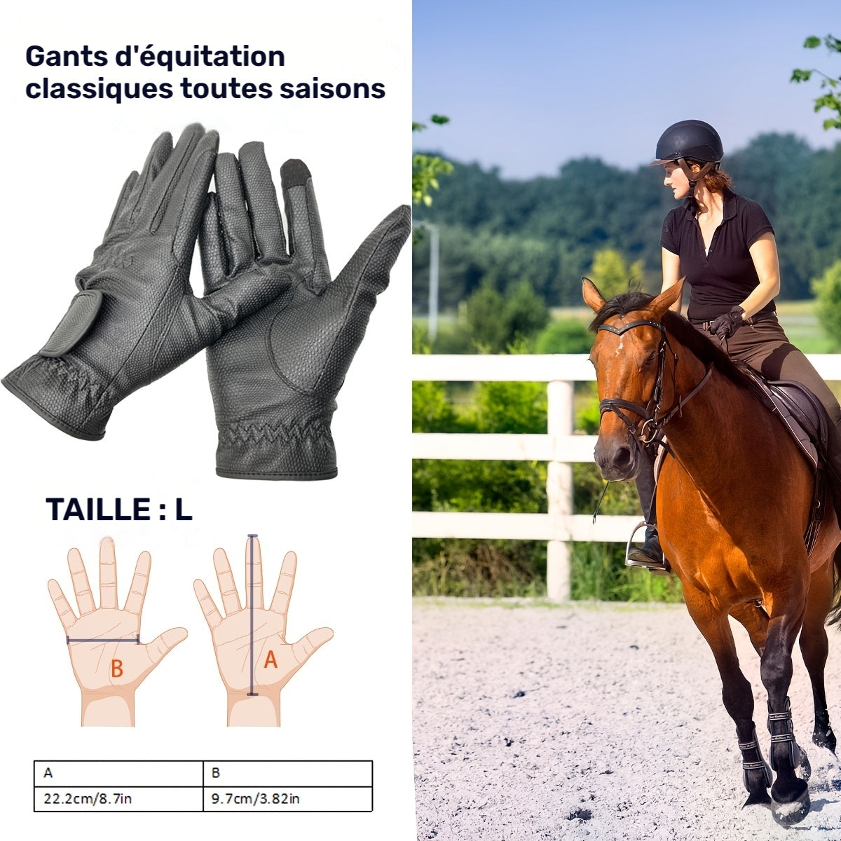 Gants d'équitation à paume renforcée à sangle de poignet en simili cuir