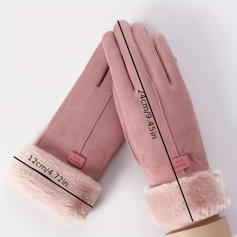 Gants tactiles à revers de fourrure à perles en suédine