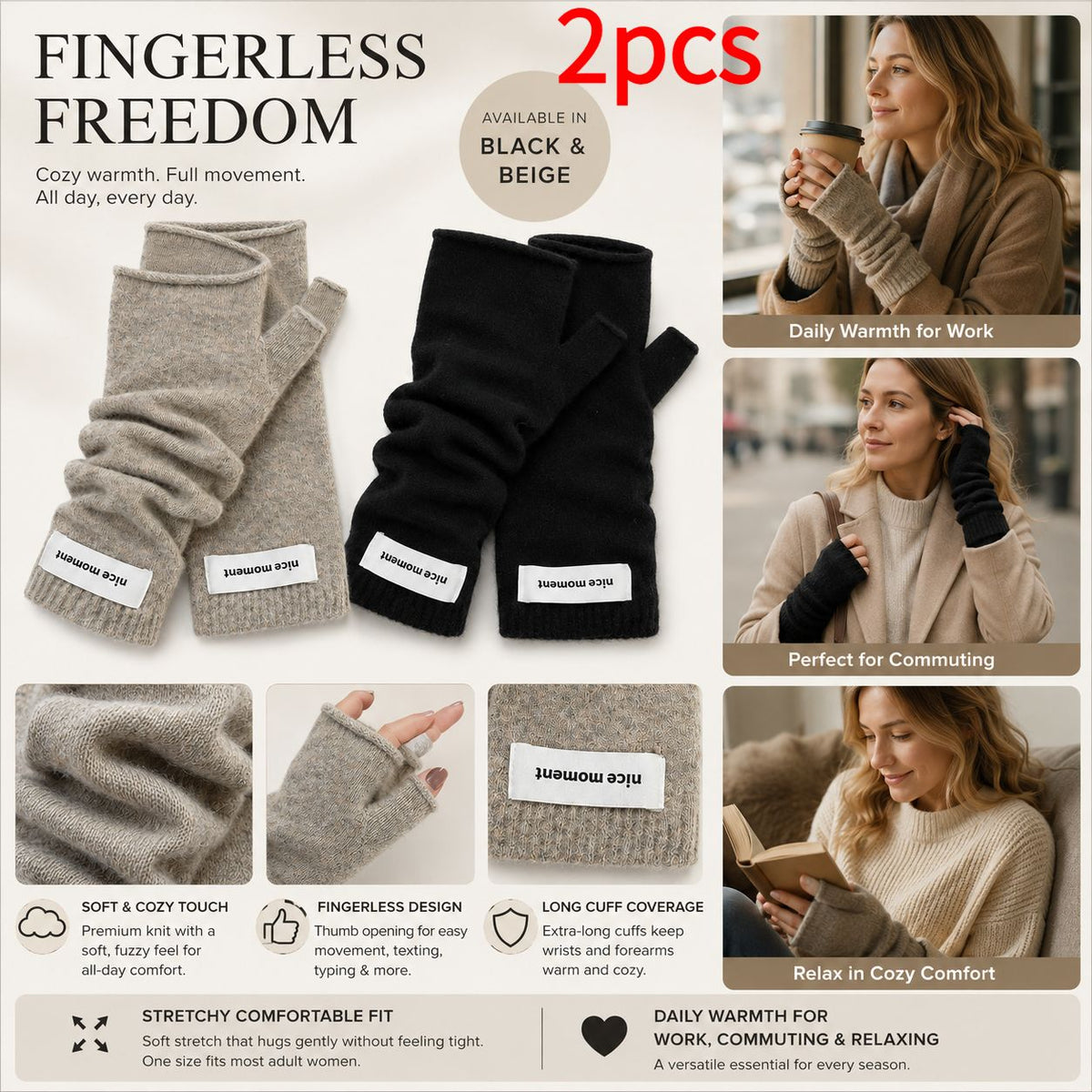 Gants sans doigts longs en coton — lot de 2 paires