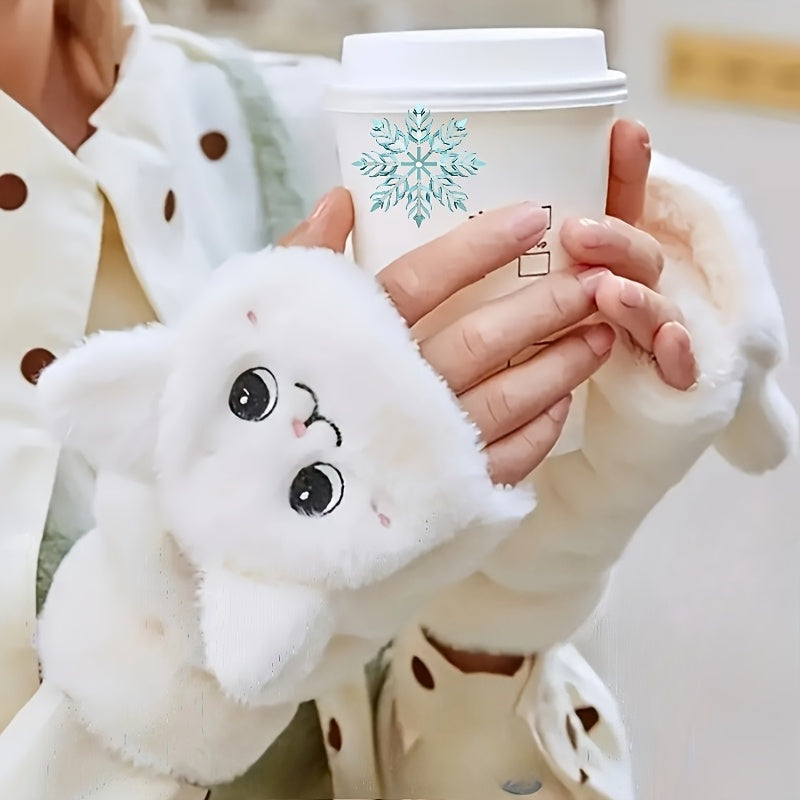 Gants-moufles tactiles à rabat en peluche brodés
