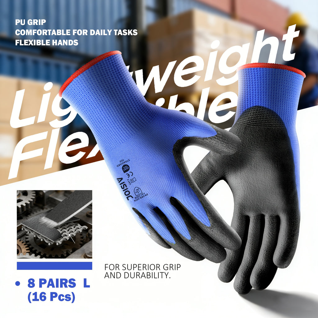 Gants de travail antidérapants fins — lot de 8 paires, bleu