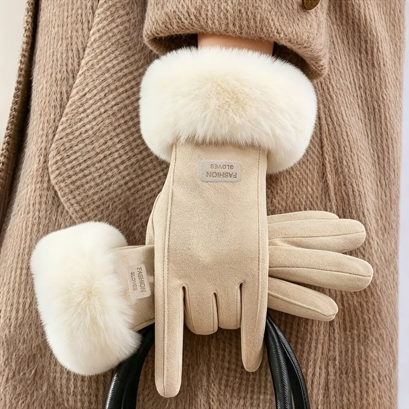 Gants épais à revers de fourrure à étiquette cousue en suédine