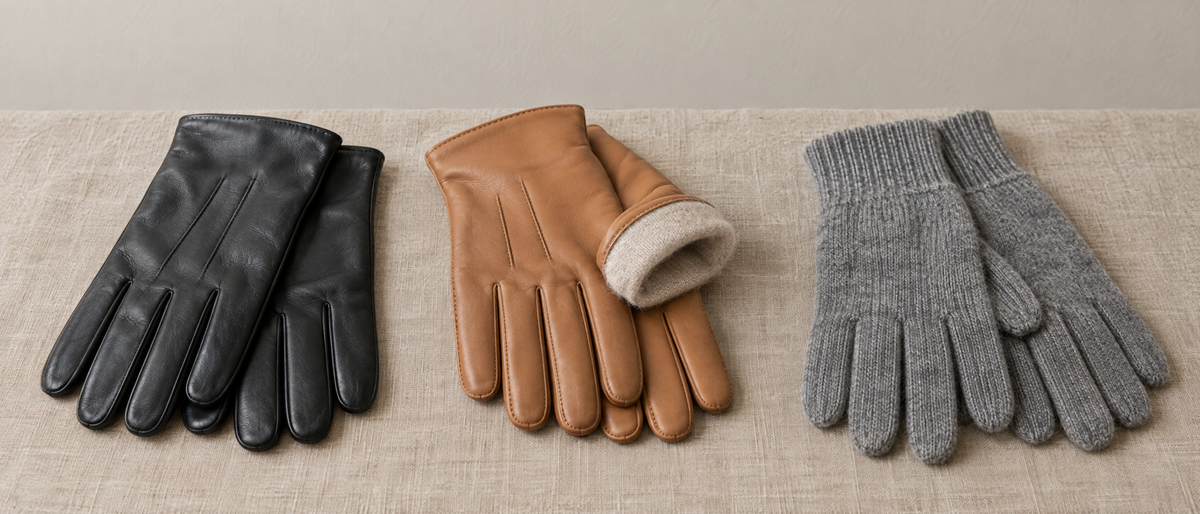 Trois paires de gants en cuir, laine et cachemire posées côte à côte